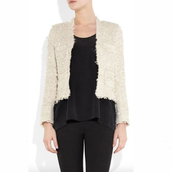 NEW L’AGENCE Cream Raw Hem Fringe Boucle Tweed Jacket - Picture 2 of 9